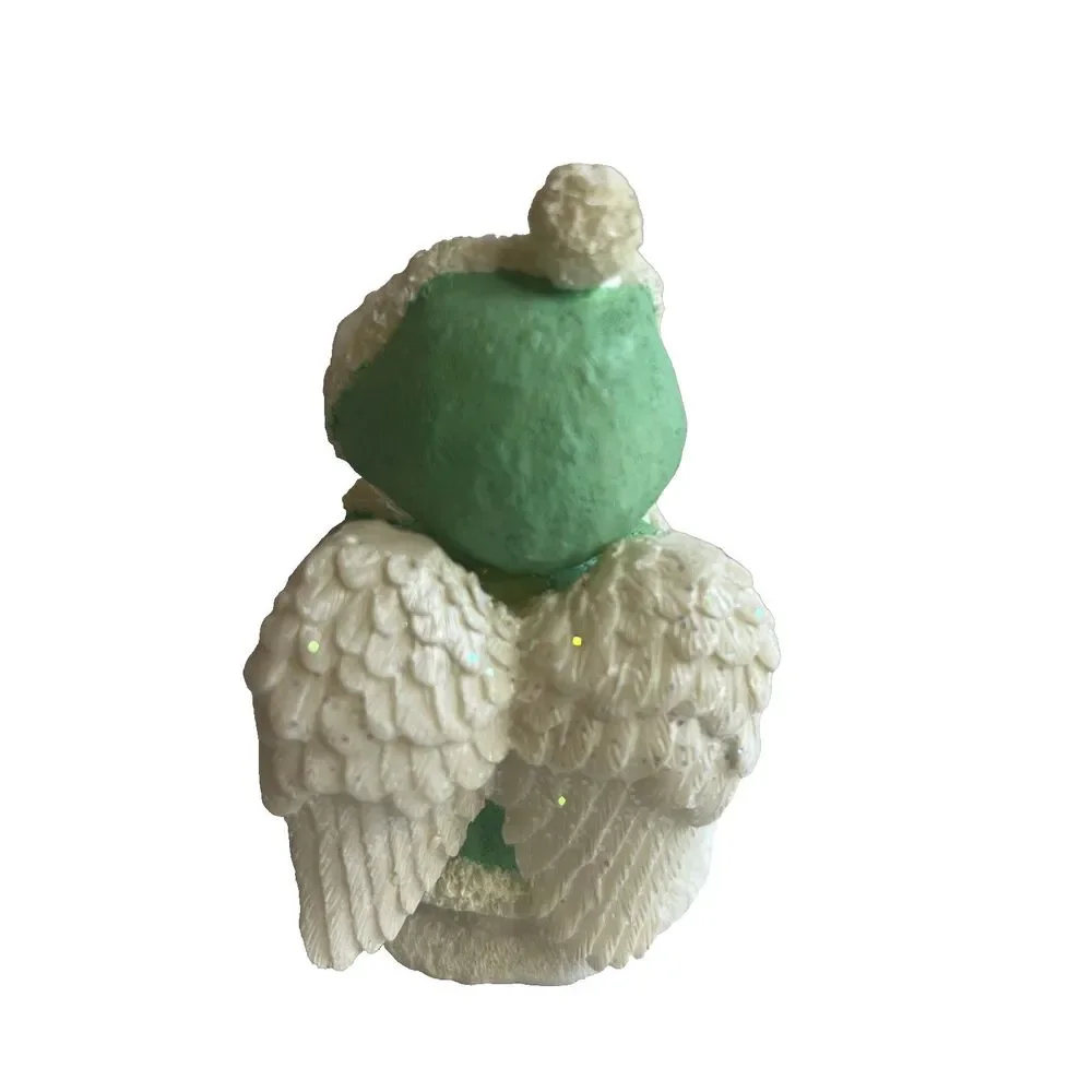 Vintage Christmas Angel Bears Figurines White Green Resin Set Of 3 Boxed 3 Inch